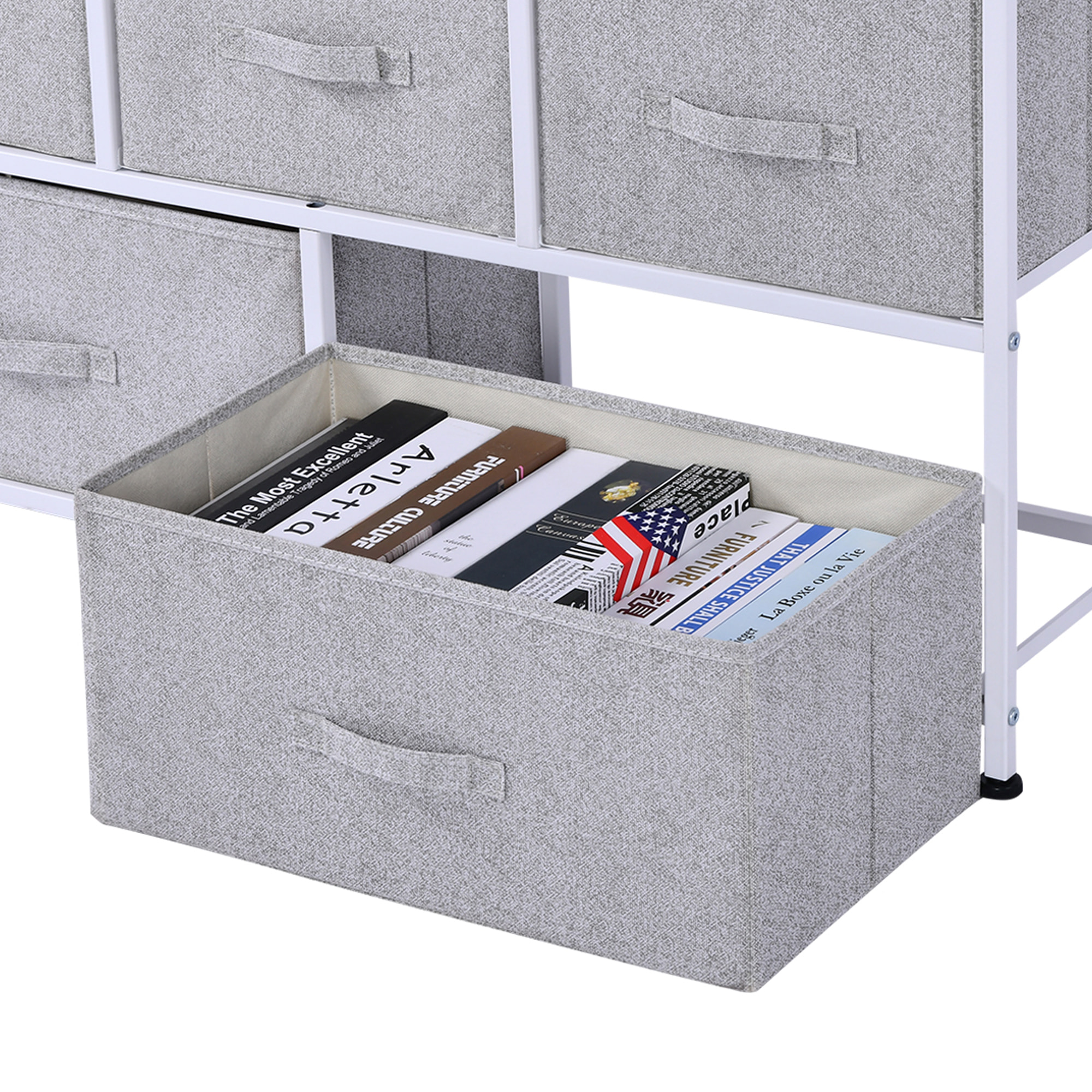 Commode meuble de rangement dim. 100L x 30l x 54H cm 5 tiroirs non-tissés gris structure métal blanc plateau MDF bois clair