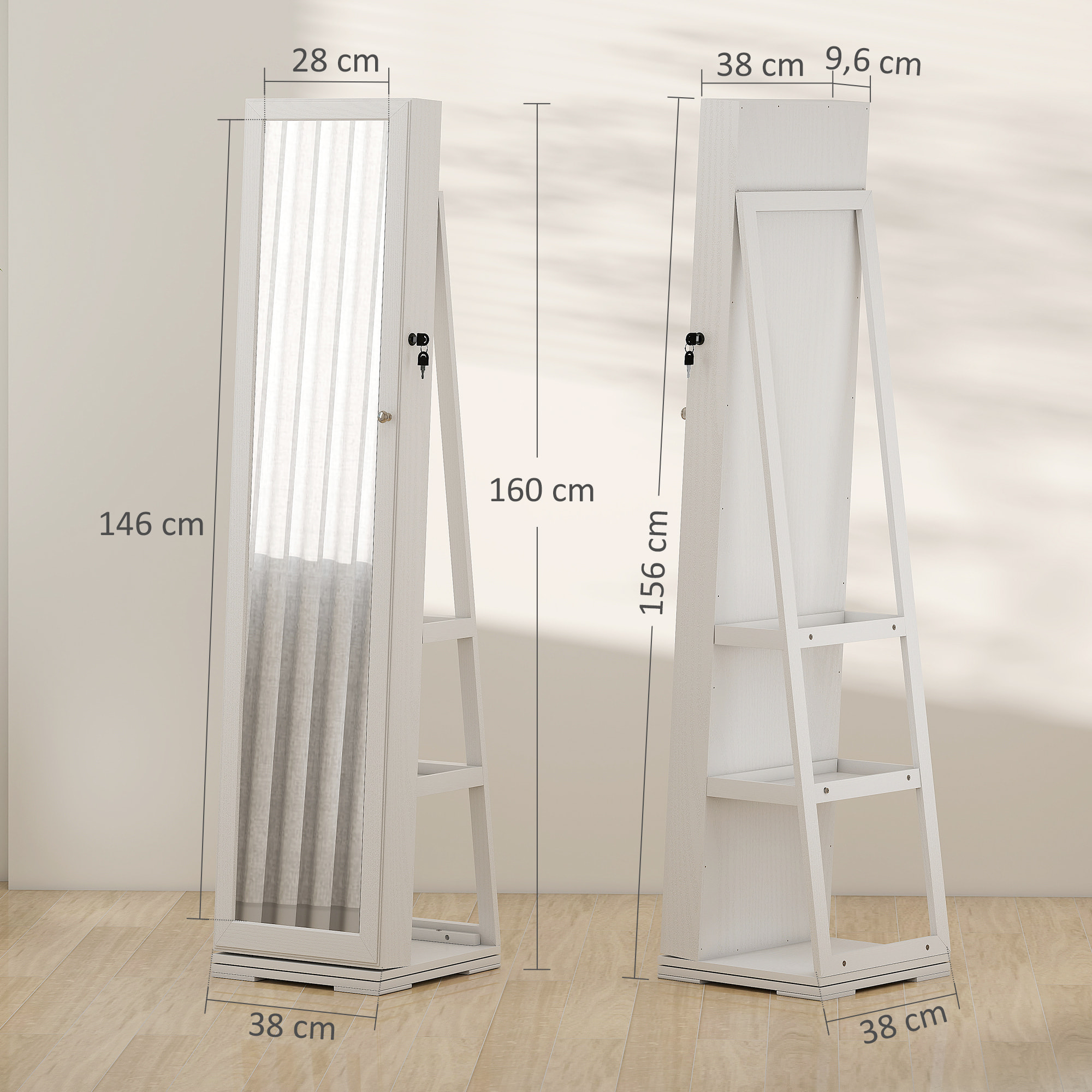 Armoire à bijoux pivotante verrouillable avec miroir - armoire bijoux multi-rangement - MDF gris clair