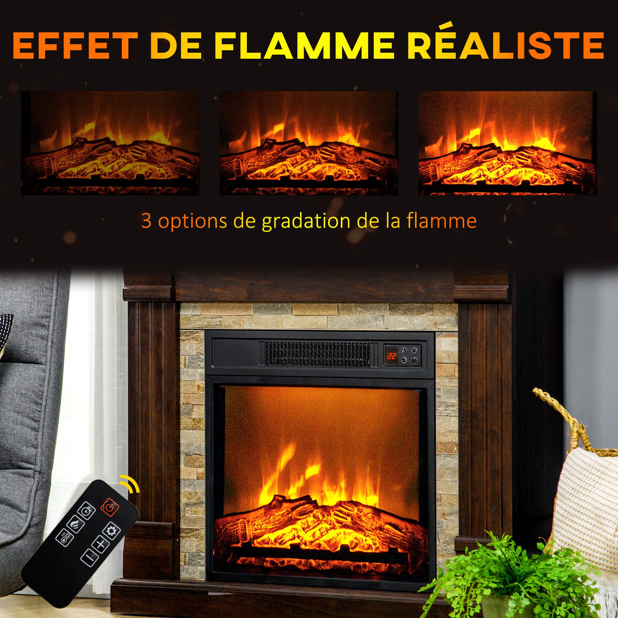 Cheminée électrique 1800W design ranch effet bois foncé et pierre parement télécommande