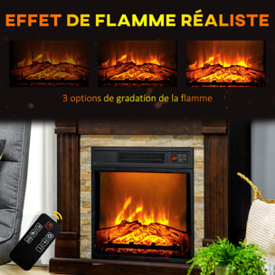 Cheminée électrique 1800W design ranch effet bois foncé et pierre parement télécommande