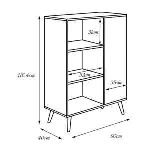 Credenza a 1 anta e 2 ripiani, Buffet con piedini, Madia da soggiorno in stile scandi, Libreria con scaffali, cm 40x90h116, colore Bianco e Rovere