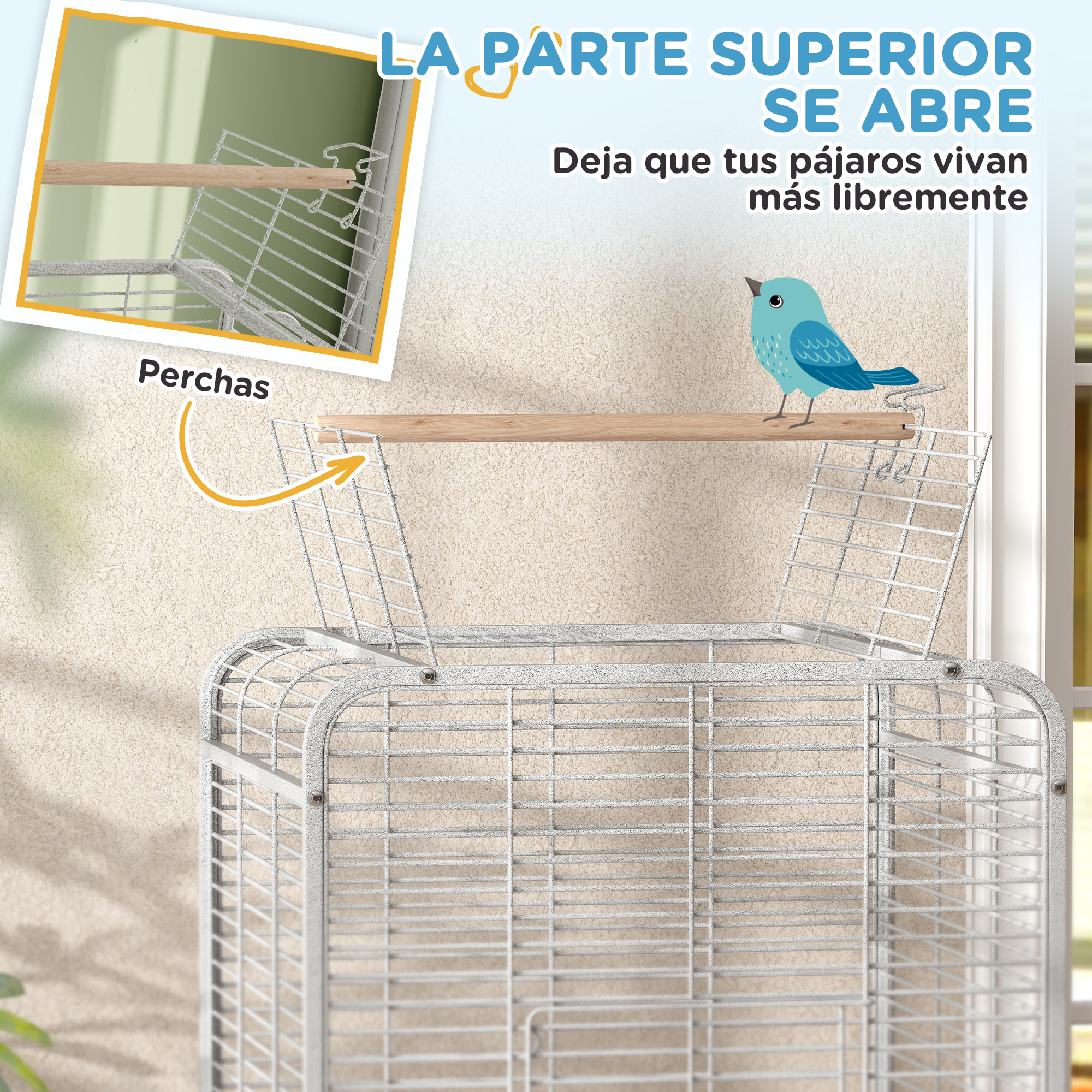 Jaula para Pájaros Jaula para Loros con Ruedas Perchas Comederos y Bandeja Extraíble Pajarera para Cacatúas Cotorras 79x73x146 cm Gris Claro