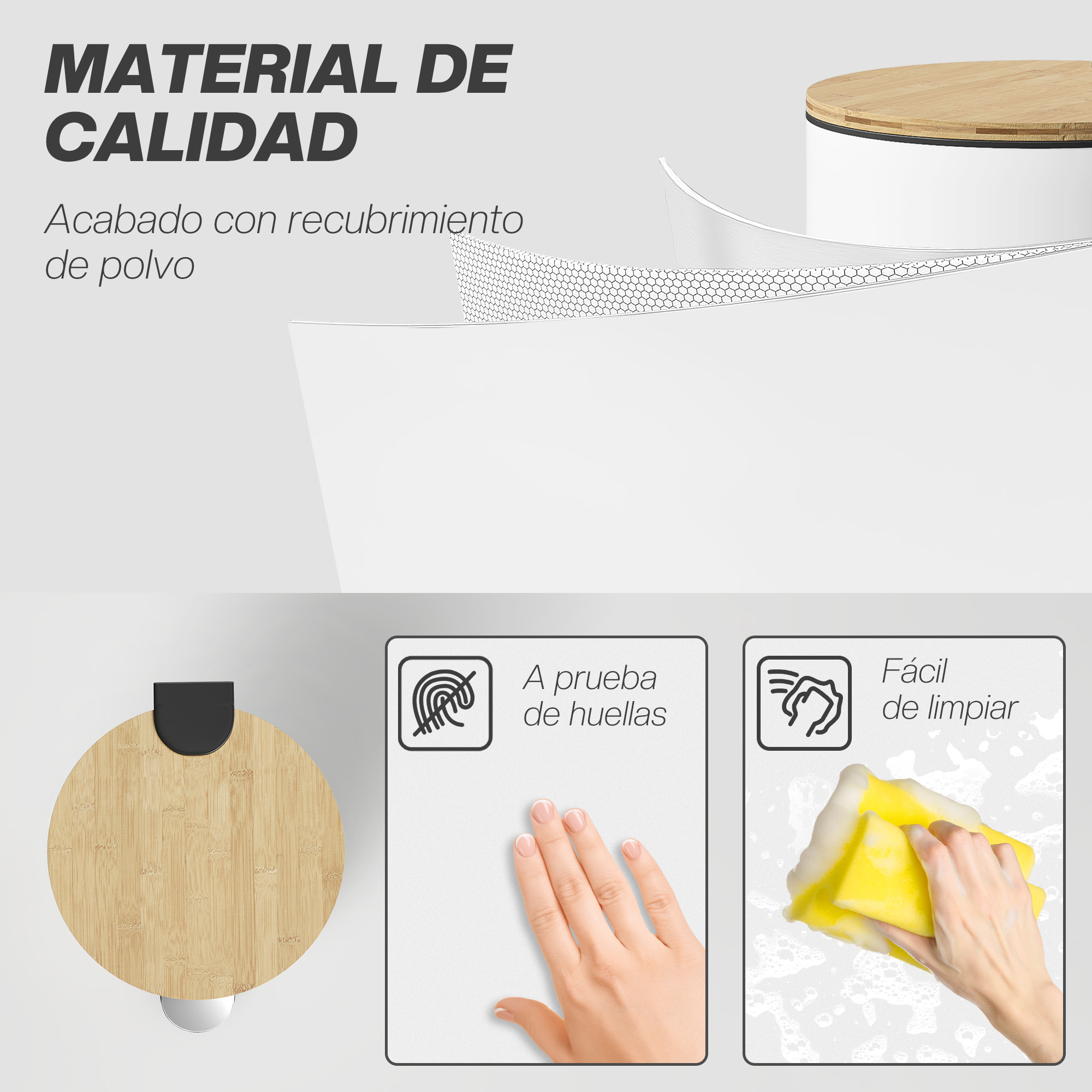 Cubo de Basura Cocina con Pedal, 30L, Papelera de Cocina Metálico con Tapa de Cierre Suave y Cubo Extraíble, para Dormitorio, Oficina, Estudio y Salón, 36x30x60,5 cm, Blanco y Madera Natural