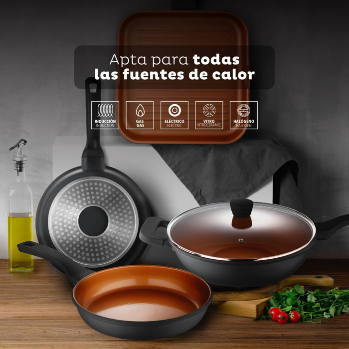 Batería de cocina san ignacio bronze 6pzs - cacerola 24cm con tapa+2x cazo 16cm+sartenes ø20ø24cm+grill 28cm - aluminio fundido apto inducción