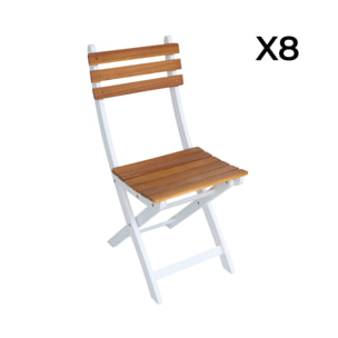 Table de jardin acacia avec coins arrondis + 8 assises blanc. 160 x 90 x 75 cm