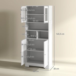 Alacena de Cocina Mueble Auxiliar de Cocina Aparador Alto con 2 Puertas de Vidrio Estantes Ajustables y Compartimentos Abiertos 60x30x145,5 cm Blanco