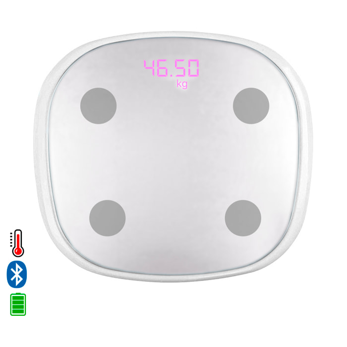 Bilancia intelligente Bluetooth con termometro. App con analisi corporea. Batteria ricaricabile.
