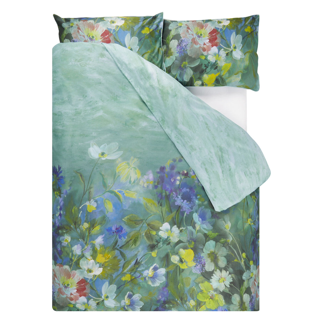 Housse de couette imprimée en satin de coton, GLADYS BLOSSOM, Vert moyen