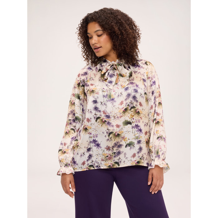 Fiorella Rubino - Blusa in raso con stampa floreale e fiocco - Beige