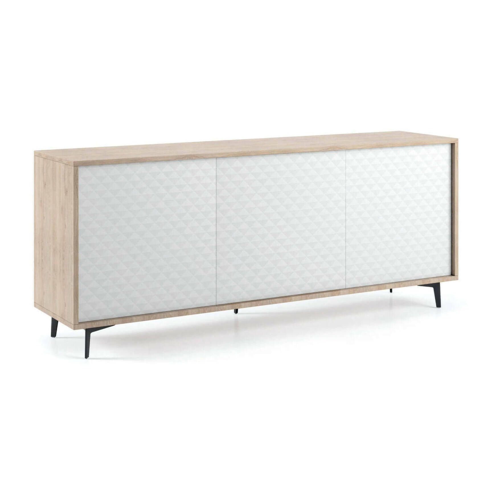 Credenza Fresia, Mobile buffet a 3 ante e 1 ripiano regolabile, Madia elegante da soggiorno, Mobile porta TV, 100% Made in Italy, Cm 184x45h77, Bianco e Rovere