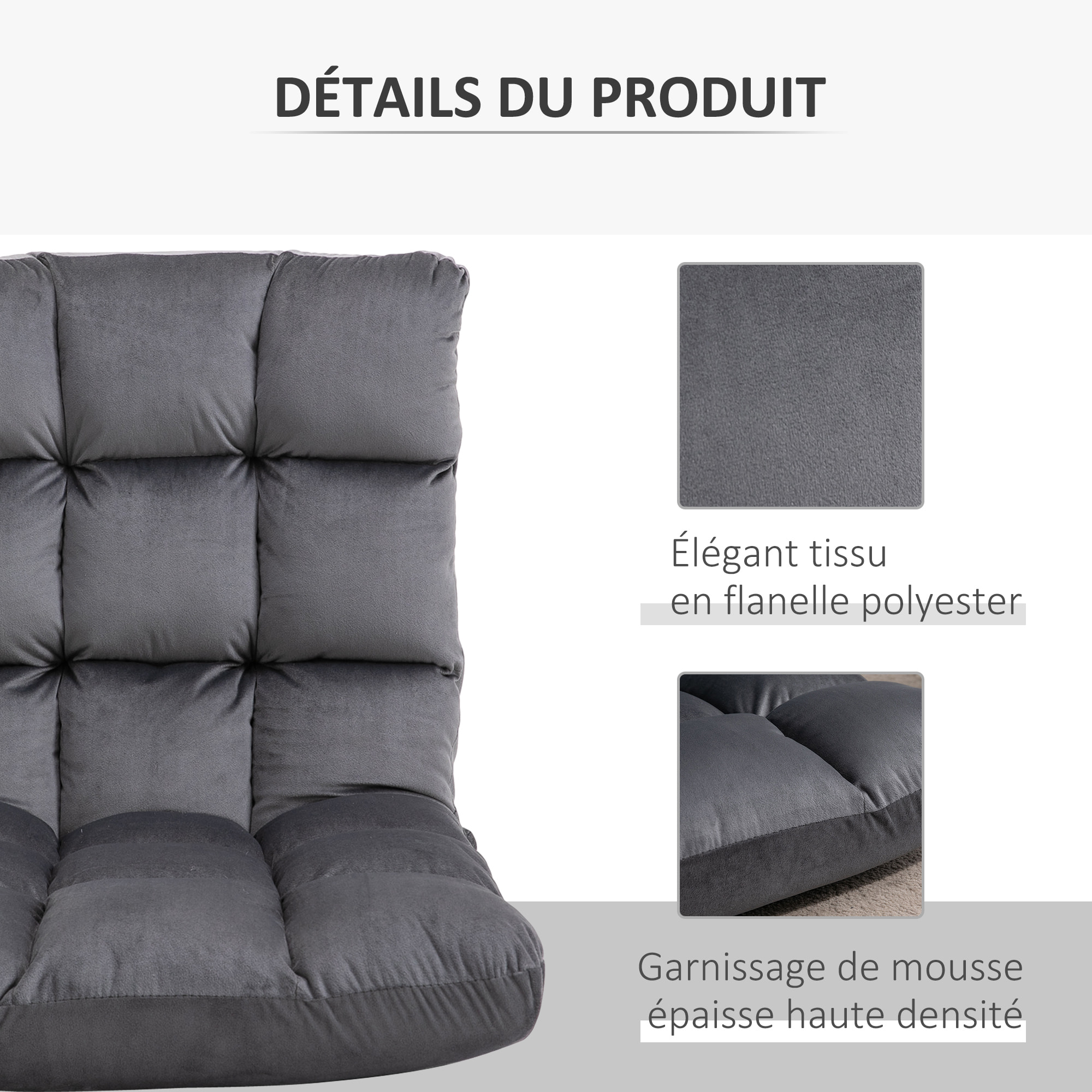 Fauteuil convertible fauteuil paresseux grand confort inclinaison dossier multipositions 90°-180° flanelle polyester capitonné gris foncé