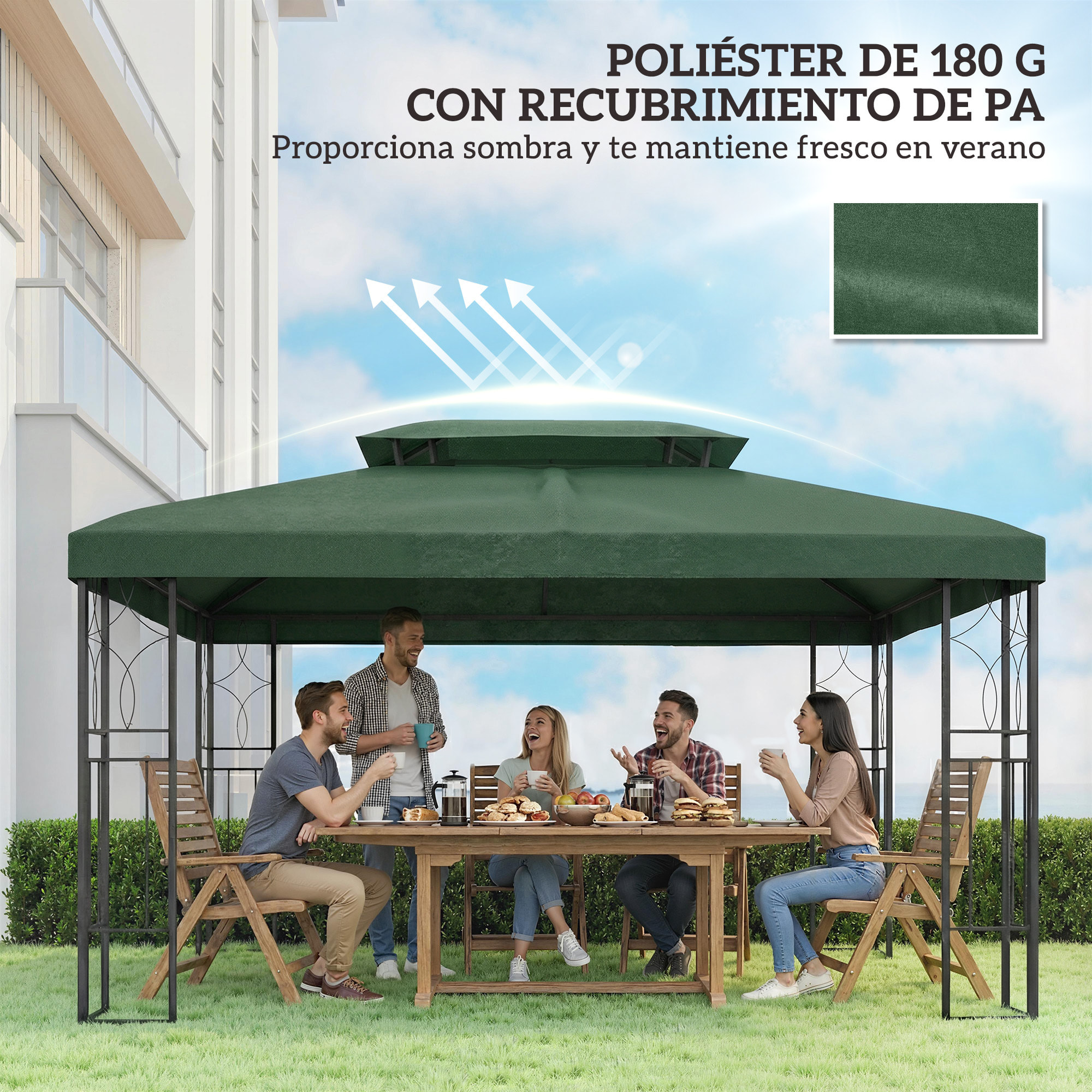 Techo de Repuesto para Cenador, 4x3 m, Cubierta de Repuesto con Techo Doble, 10 Orificios de Drenaje y Protección UV, SOLO Toldo de Recambio para Pabellón Gazebo, Verde