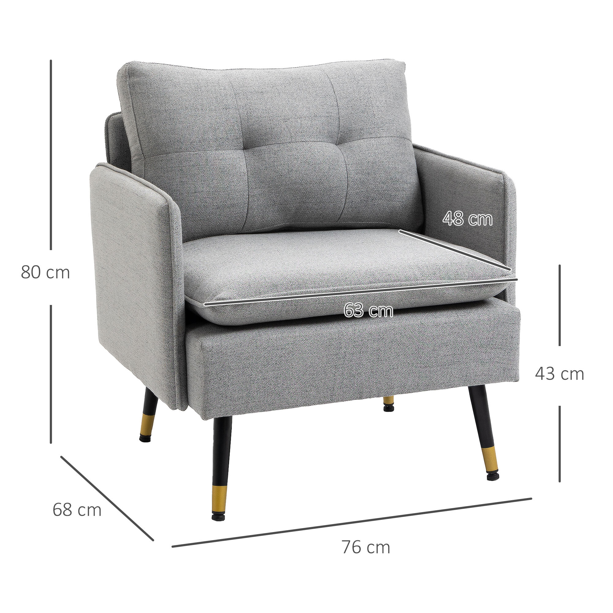 Butaca de Salón Sillón Relax con Reposabrazos Asiento Acolchado y Patas de Acero Sofá Individual de Moderno para Dormitorio 76x68x80 cm Gris