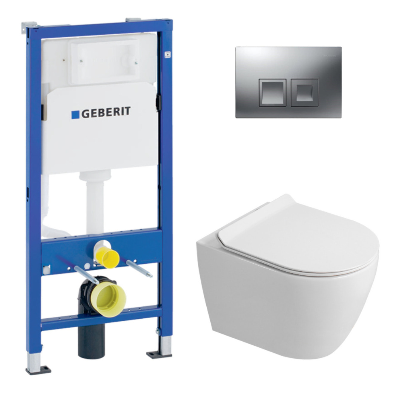 Duofix pack WC bâti-support UP100 + WC suspendu sans bride Ceramia avec abattant SoftClose + plaque chrome mat (GEBCEPXWT05-FR)