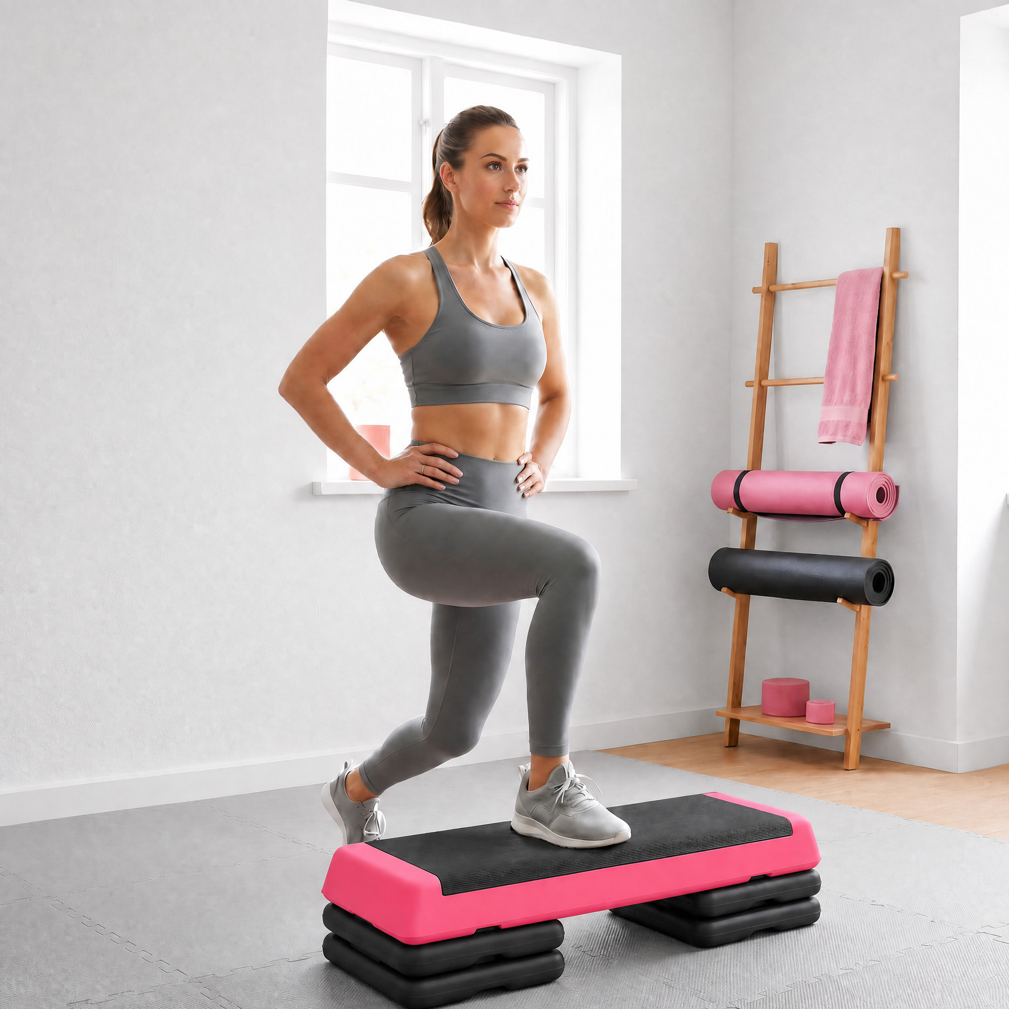 Step de Aeróbic, Step para Fitness Antideslizante, Altura Regulable 3 Niveles de 10,5/15,5/20,5 cm, Carga 250 kg, para Ejercicio en Casa, Gimnasio, 77x36x20,5 cm, Rosa y Negro
