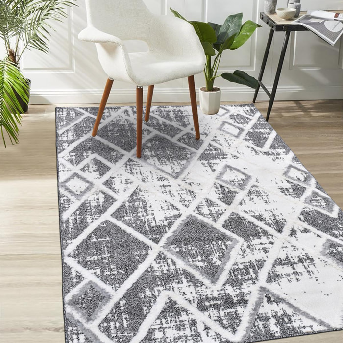 Tapis Gaco en relief dessin géométrique, couleur gris et blanc