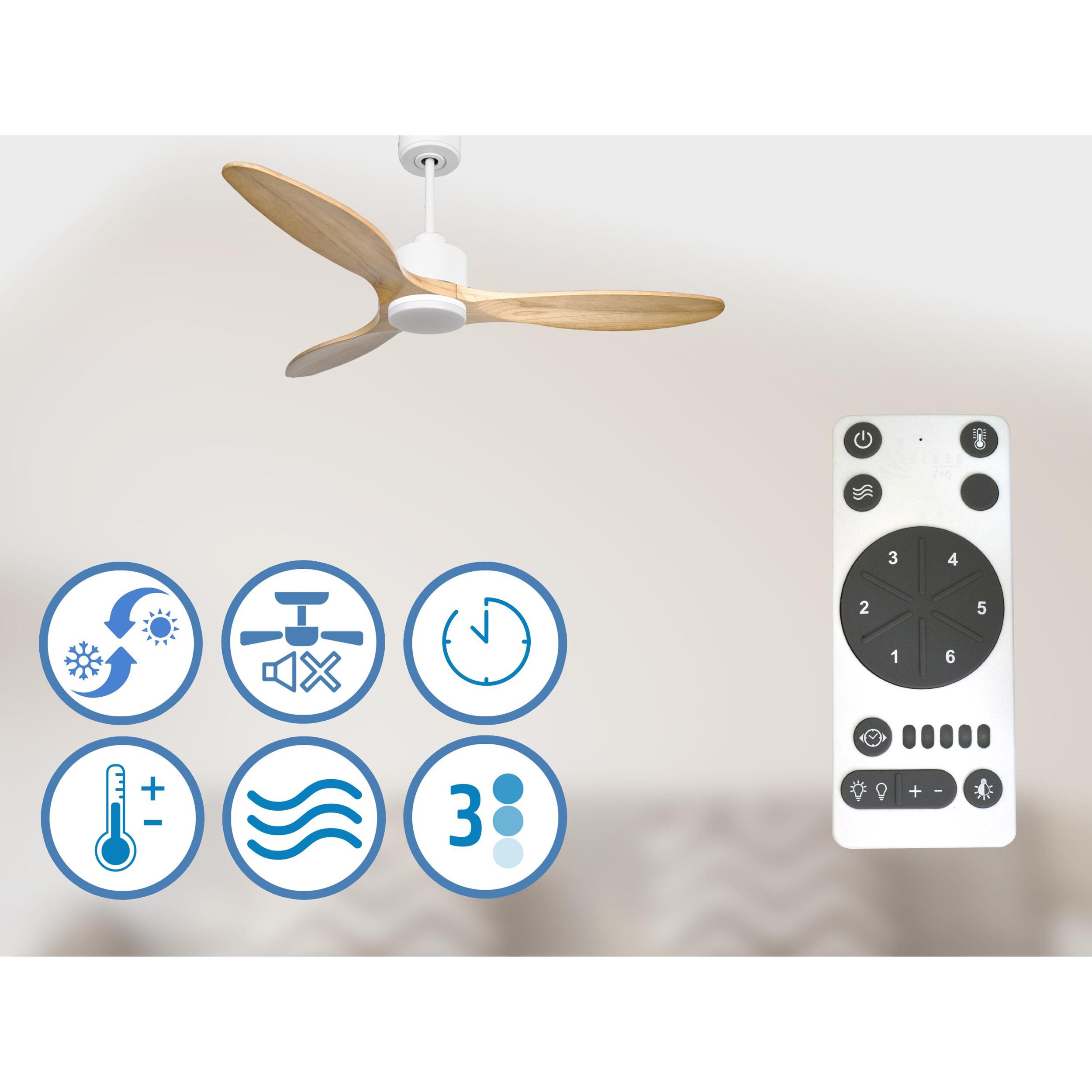 Ventilador de techo Reversible Termostato Dimable Wifi Motor DC Techos Inclinados Mando a Distancia Luz tres tonos Hypersilence Memoria SalamisD132C03LED67774 PURLINE