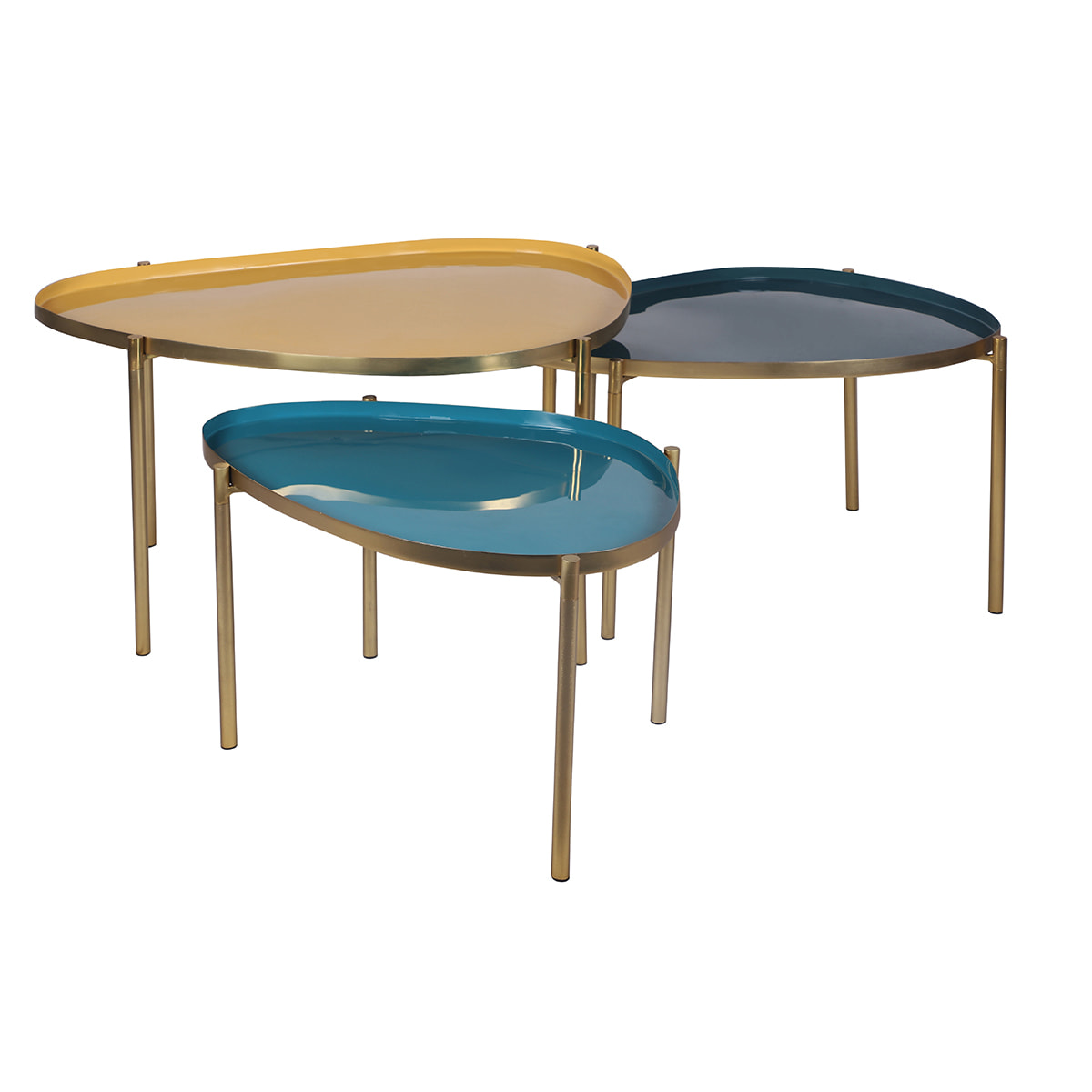 Tables basses gigognes laquées moutarde, bleu canard et bleu (lot de 3) ZURIA