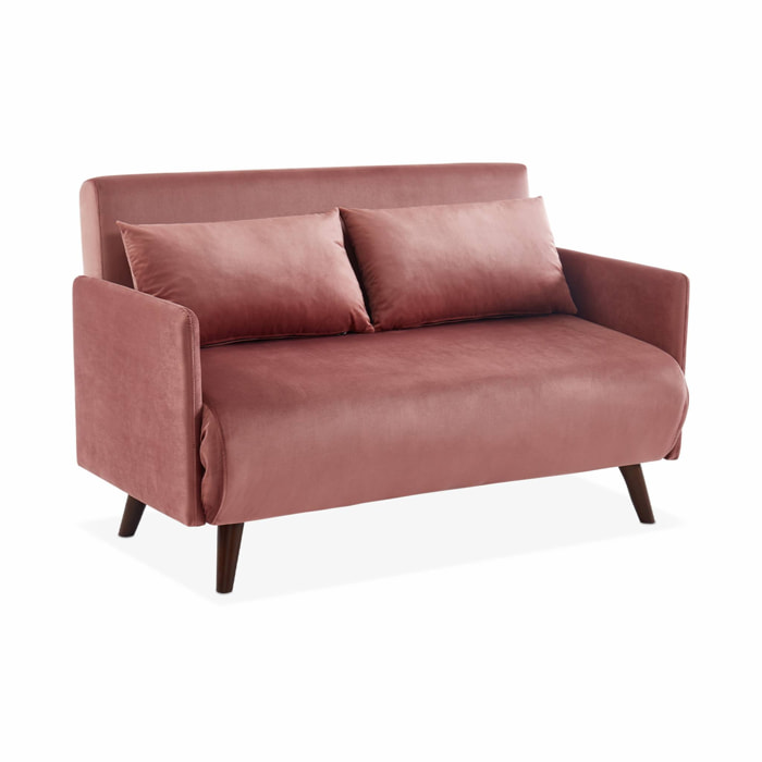 Canapé convertible en velours - Panam - 2 places scandinave. pieds bois foncé. vieux rose. banquette. dossier inclinable