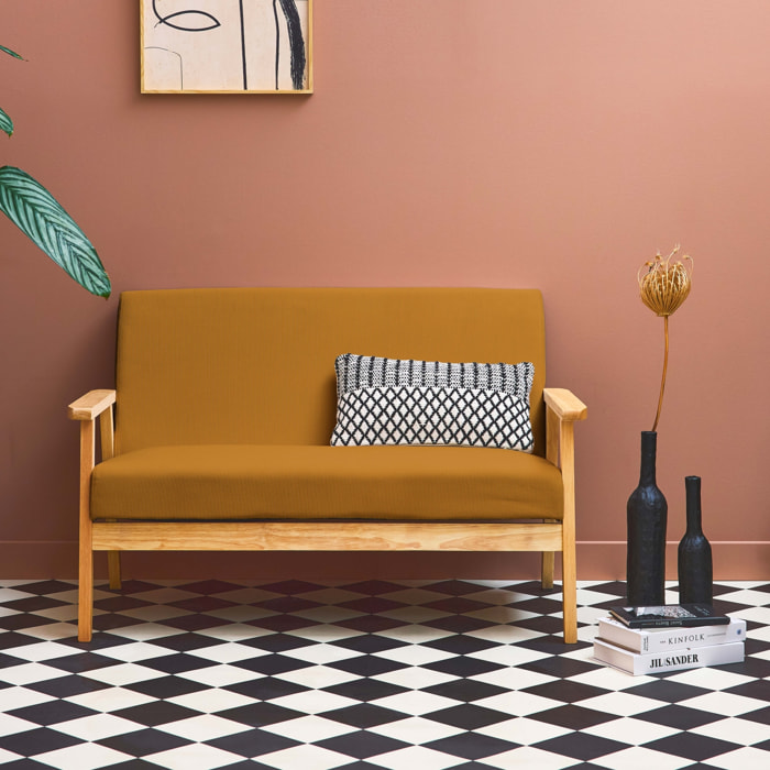 Banquette canapé 2 places en bois et tissu velours côtelé coloris moutarde. Isak. L 114 x P 69.5 x H 73cm