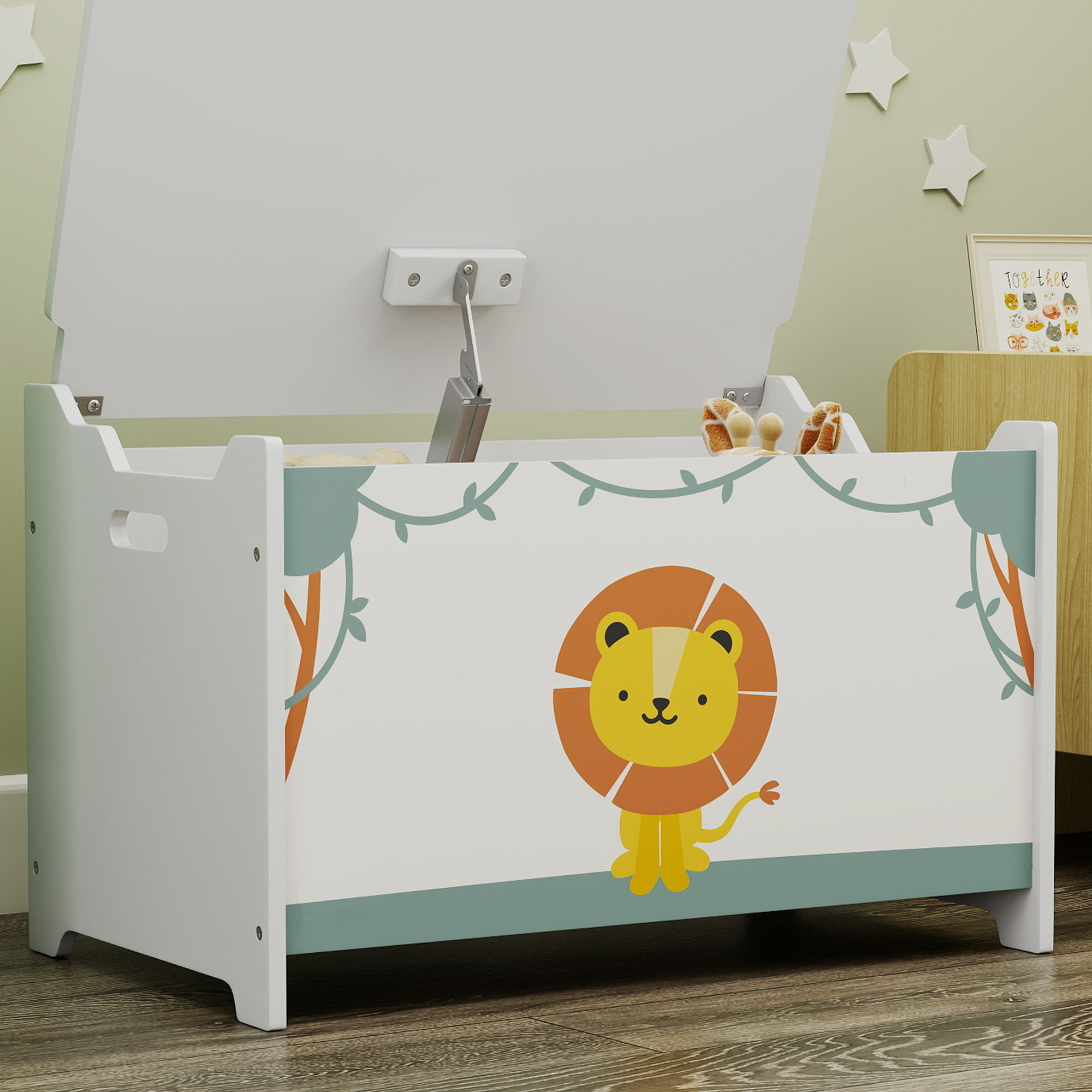 Coffre malle de rangement coffre à jouets design lion dim. 60L x 37l x 39H cm vérin pneumatique MDF vert
