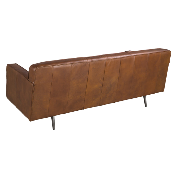 Sofá Chester de 2 plazas tapizado en piel de origen vacuno en marrón oscuro patas de acero inoxidable oscurecido 180x79x70cm