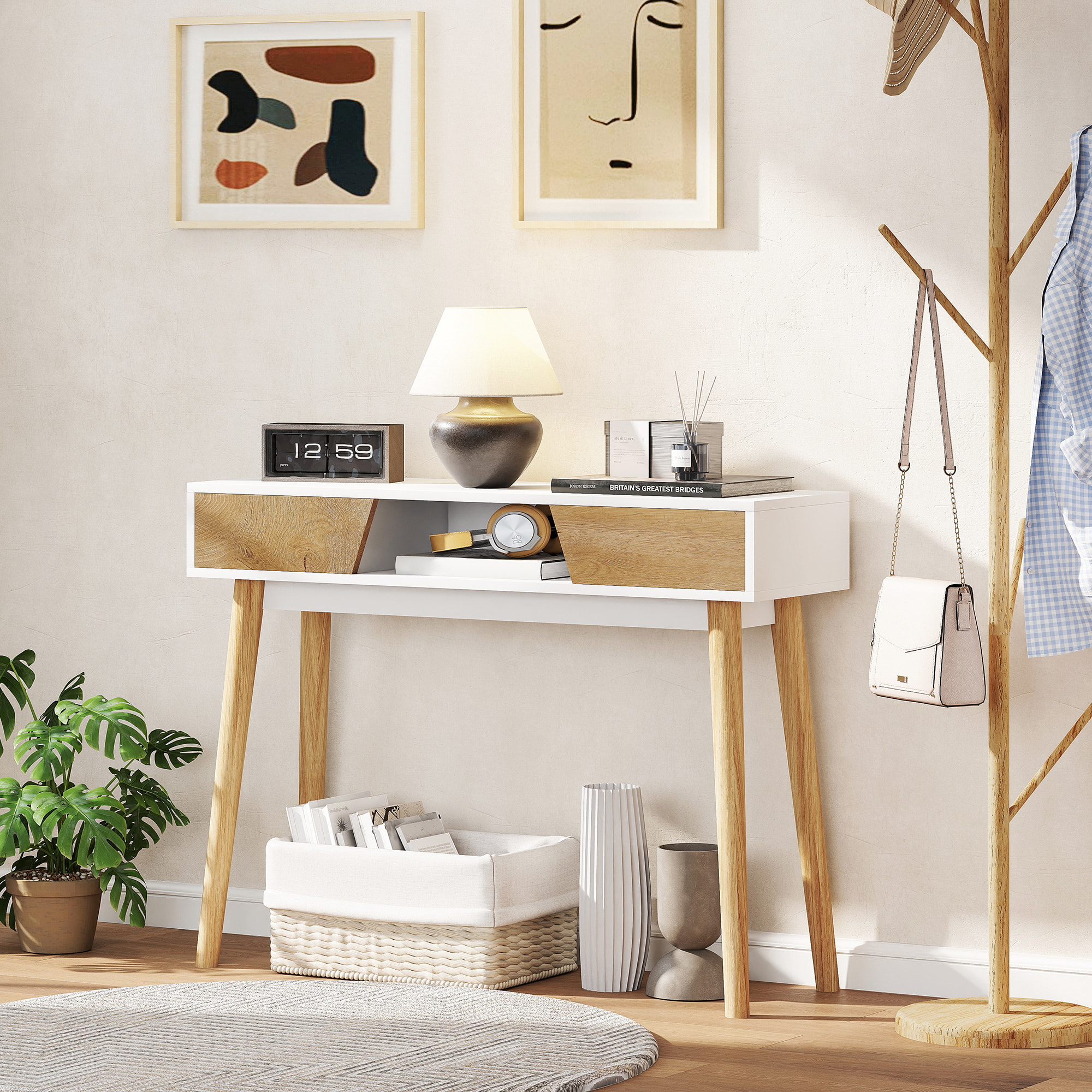 Mesa de Consola Estrecha Consola de Recibidor Mesa de Sofá Moderna con 2 Cajones Compartimento y Patas de Madera para Pasillo Entrada Salón Dormitorio Blanco
