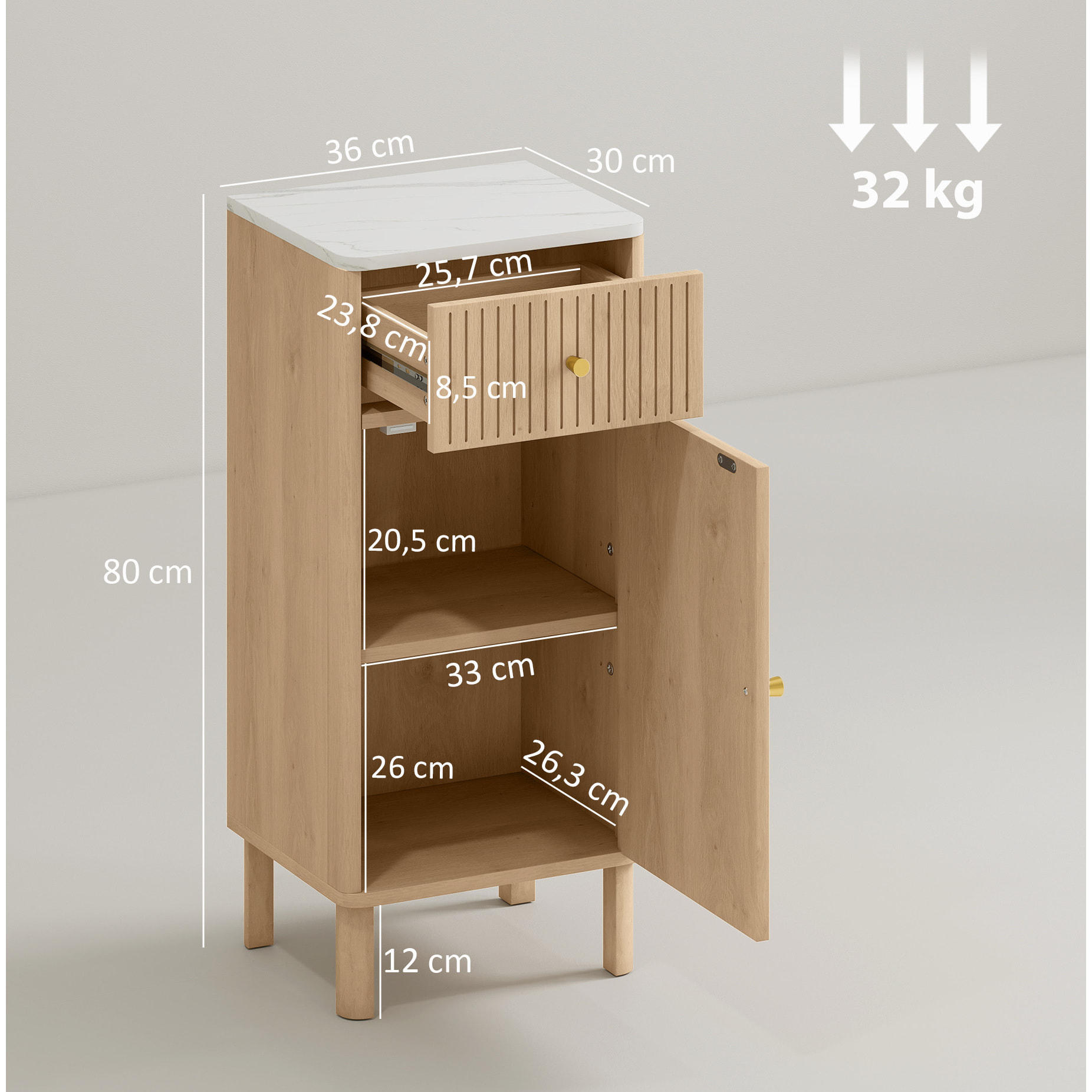 Meuble bas salle de bain style bois naturel plateau effet marbre blanc porte étagère tiroir