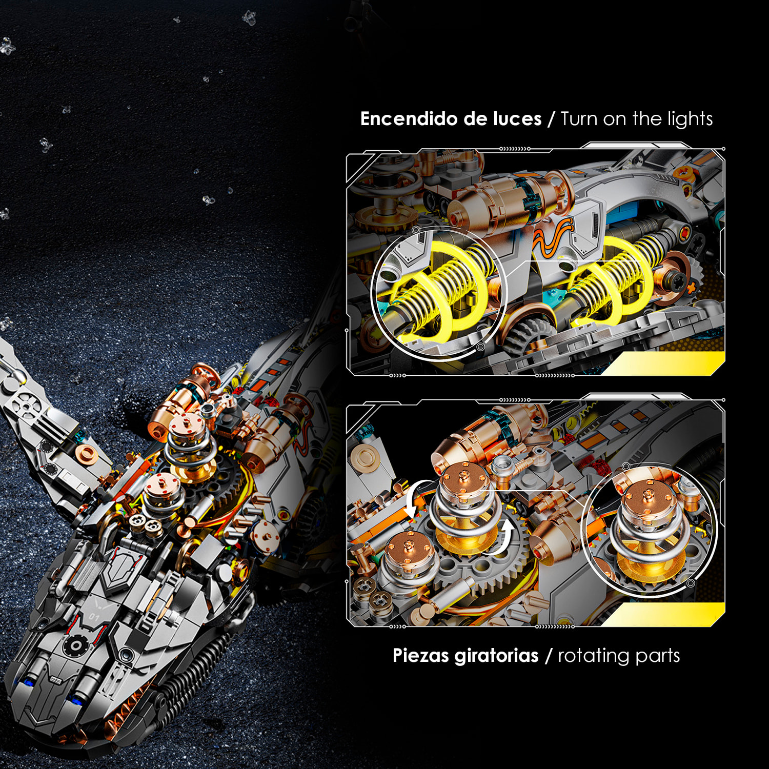 Maqueta 3D mecanizada de ballena con 1388 piezas, equipada con luces y mecanismo de manivela que permite movimiento dinámico.