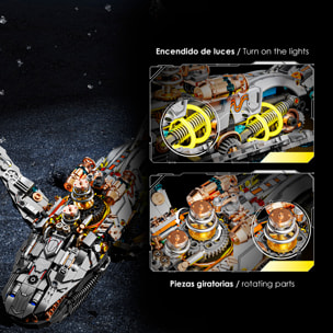 Maqueta 3D mecanizada de ballena con 1388 piezas, equipada con luces y mecanismo de manivela que permite movimiento dinámico.