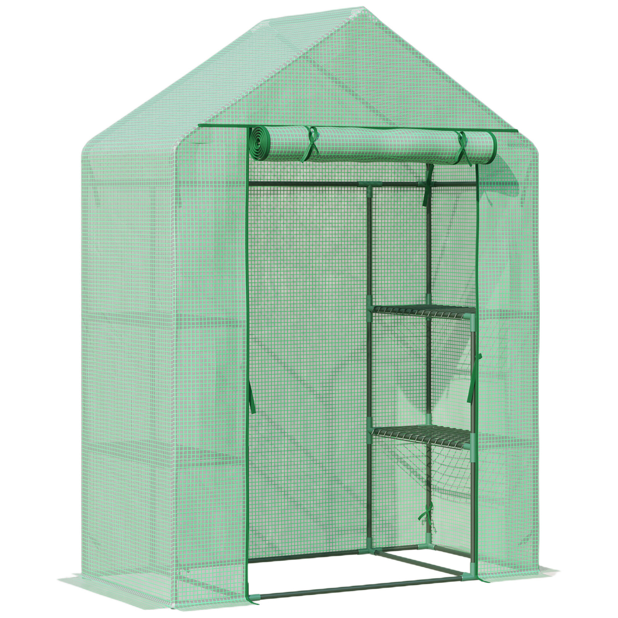 Invernadero de Jardín 141x72x191 cm Vivero Casero con 4 Estantes Puerta Enrollable Cubierta de PE 140g/m² y Marco de Acero para Cultivos Plantas Macetas Flores Verde