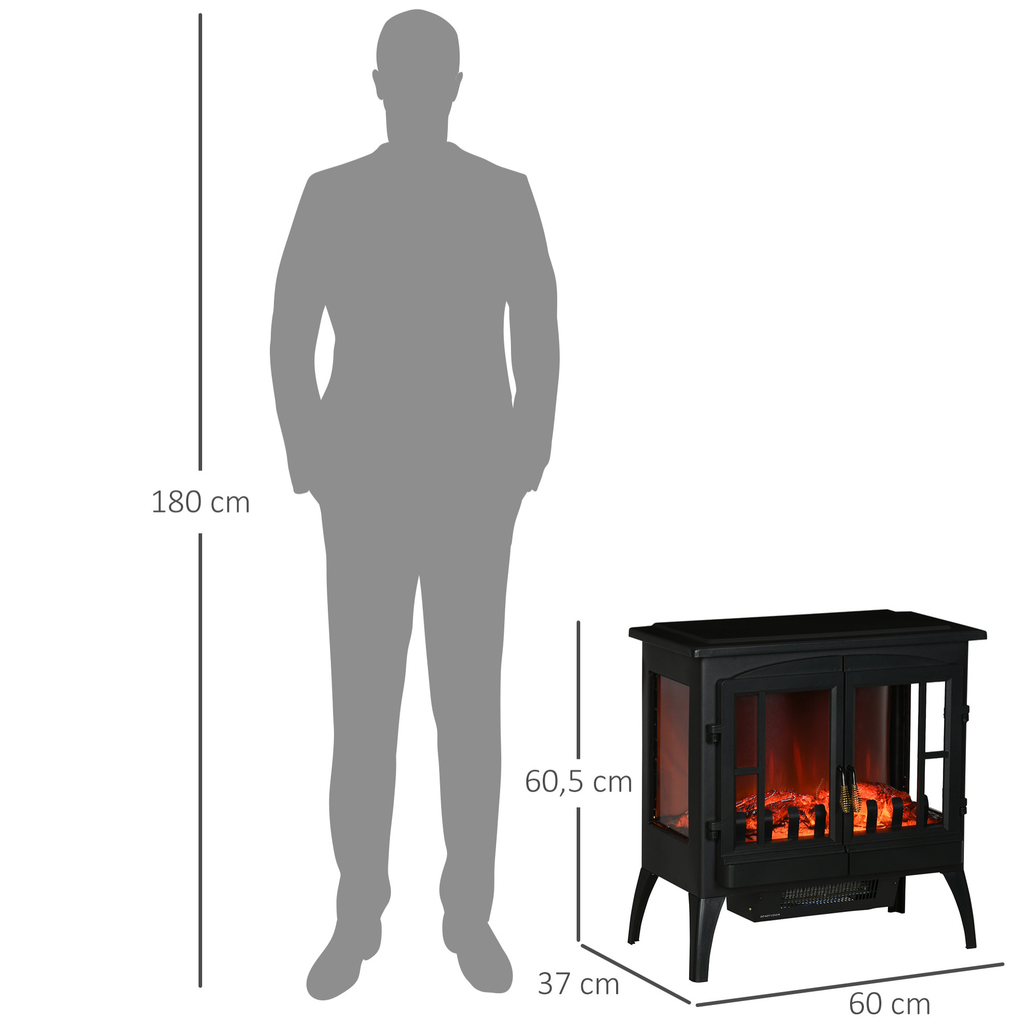 Chimenea Eléctrica 1000 W/2000 W Chimenea Decorativa con Ventanas LED Llamas Brillo Ajustable y Protección Sobrecalentamiento para 15-20 ㎡ 60x37x60,5 cm Negro