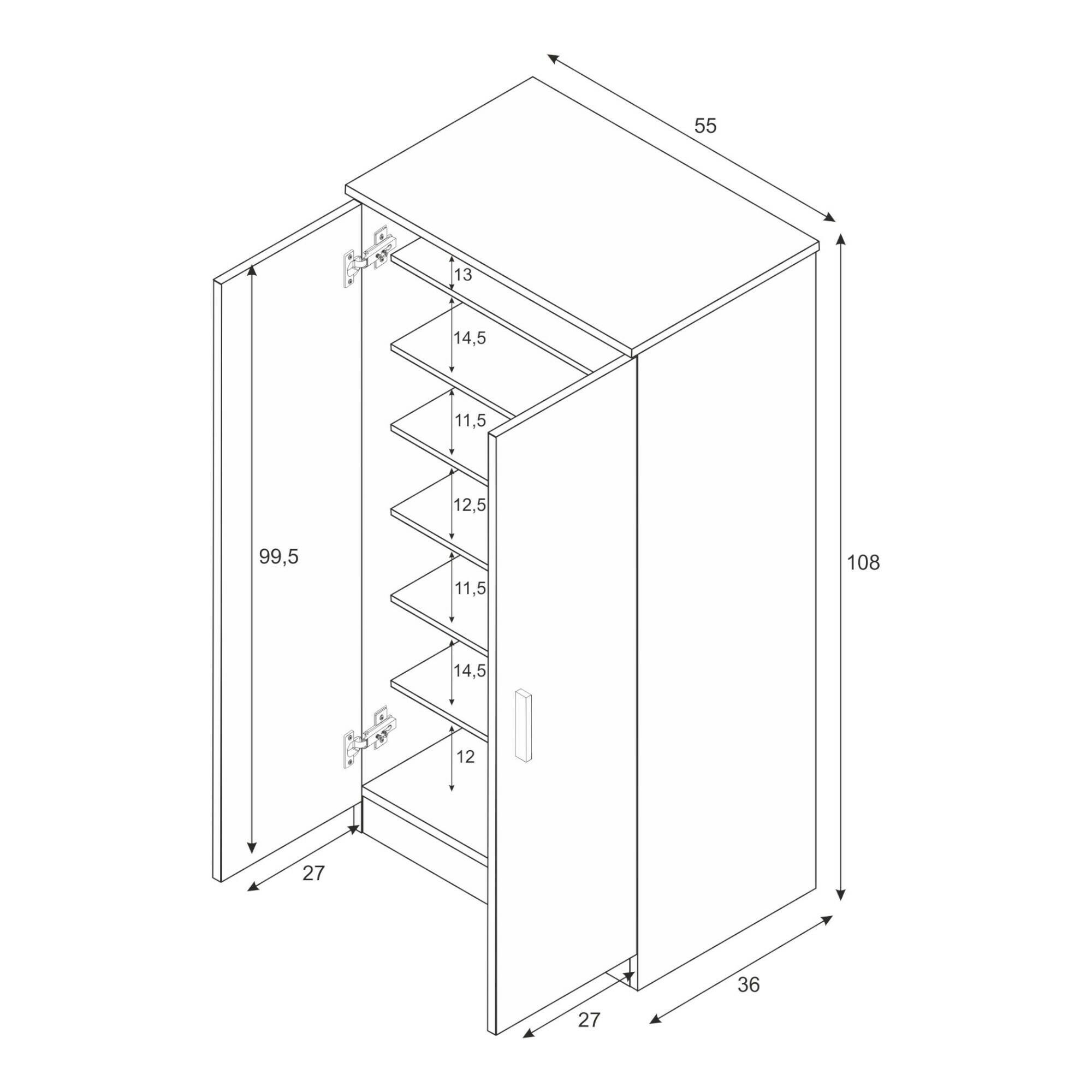 Armadio multiuso Corona, Mobile ausiliario a 2 ante, Mobile basso portascarpe con 6 ripiani, Scarpiera moderna, cm 55x36h108, Rovere