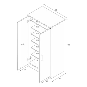 Armadio multiuso Corona, Mobile ausiliario a 2 ante, Mobile basso portascarpe con 6 ripiani, Scarpiera moderna, cm 55x36h108, Rovere