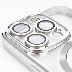 Custodia trasparente con camera coperta, bordi argentati, antiurto e anti-impronta. Magsafe per iPhone 16 Pro.