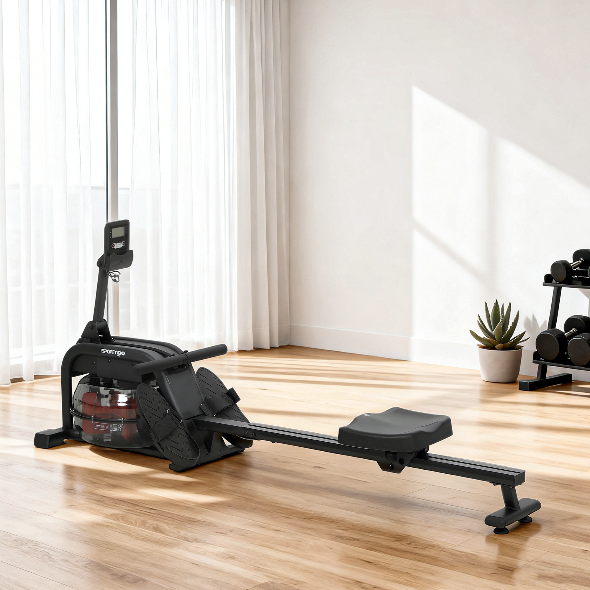 Rameur à eau résistance ajustable réservoir 6-11L écran LCD multifonction rangement vertical acier noir