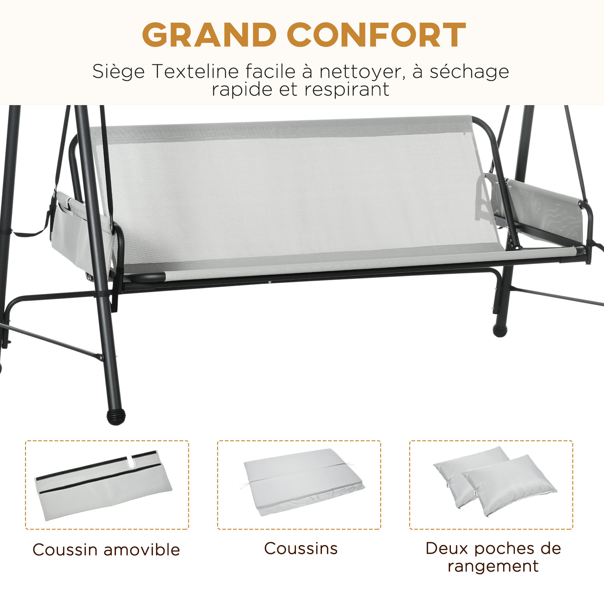 Balancelle de jardin 3 places convertible auvent réglable épais coussins amovibles polyester acier époxy gris clair