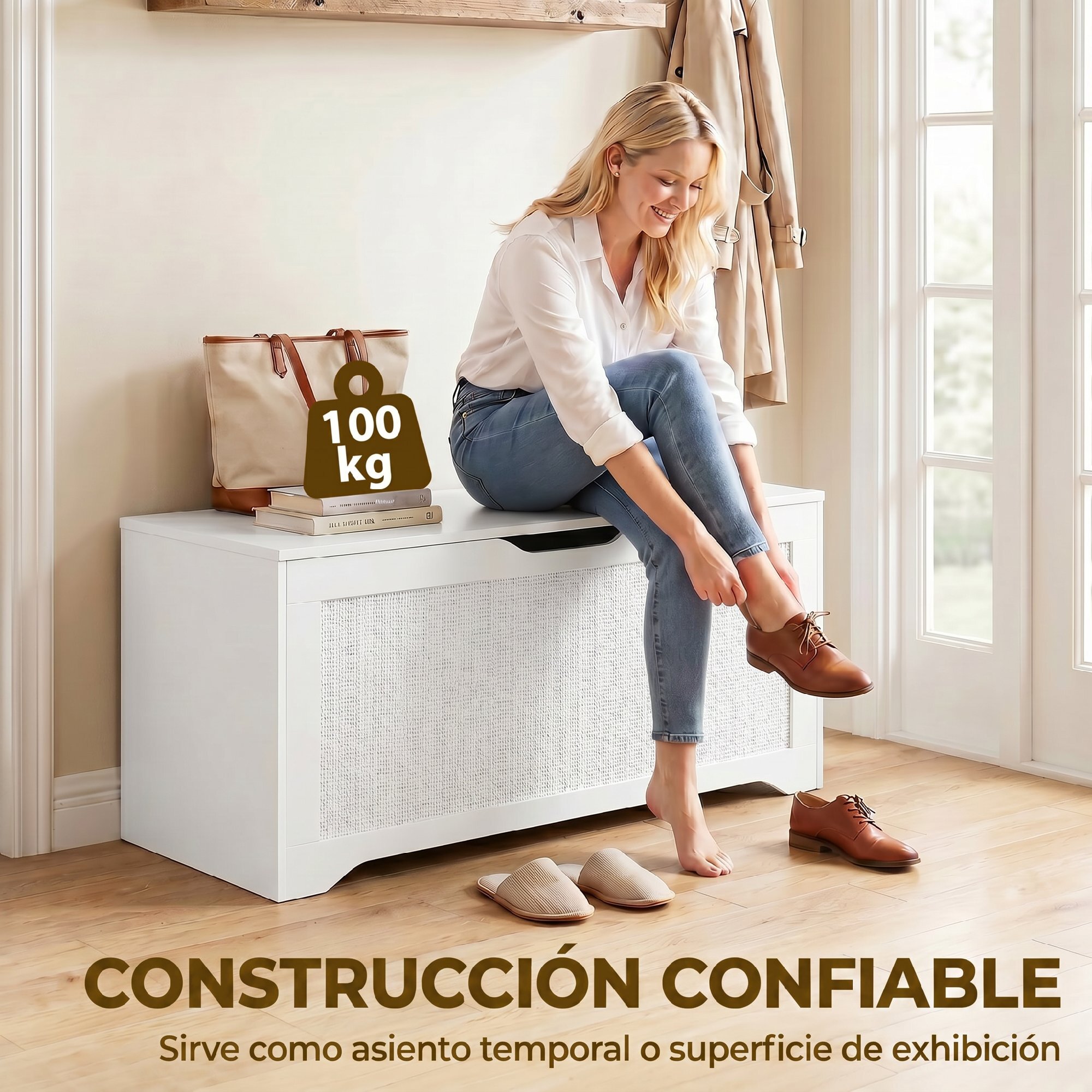 Baúl de Almacenaje 136L, Banco de Almacenaje con Panel de Ratán, Tapa Elevable, Brazos de Soporte, Diseño Sin Tiradores, para Recibidor, Pasillo, Dormitorio, Salón, 100x40x45 cm, Blanco