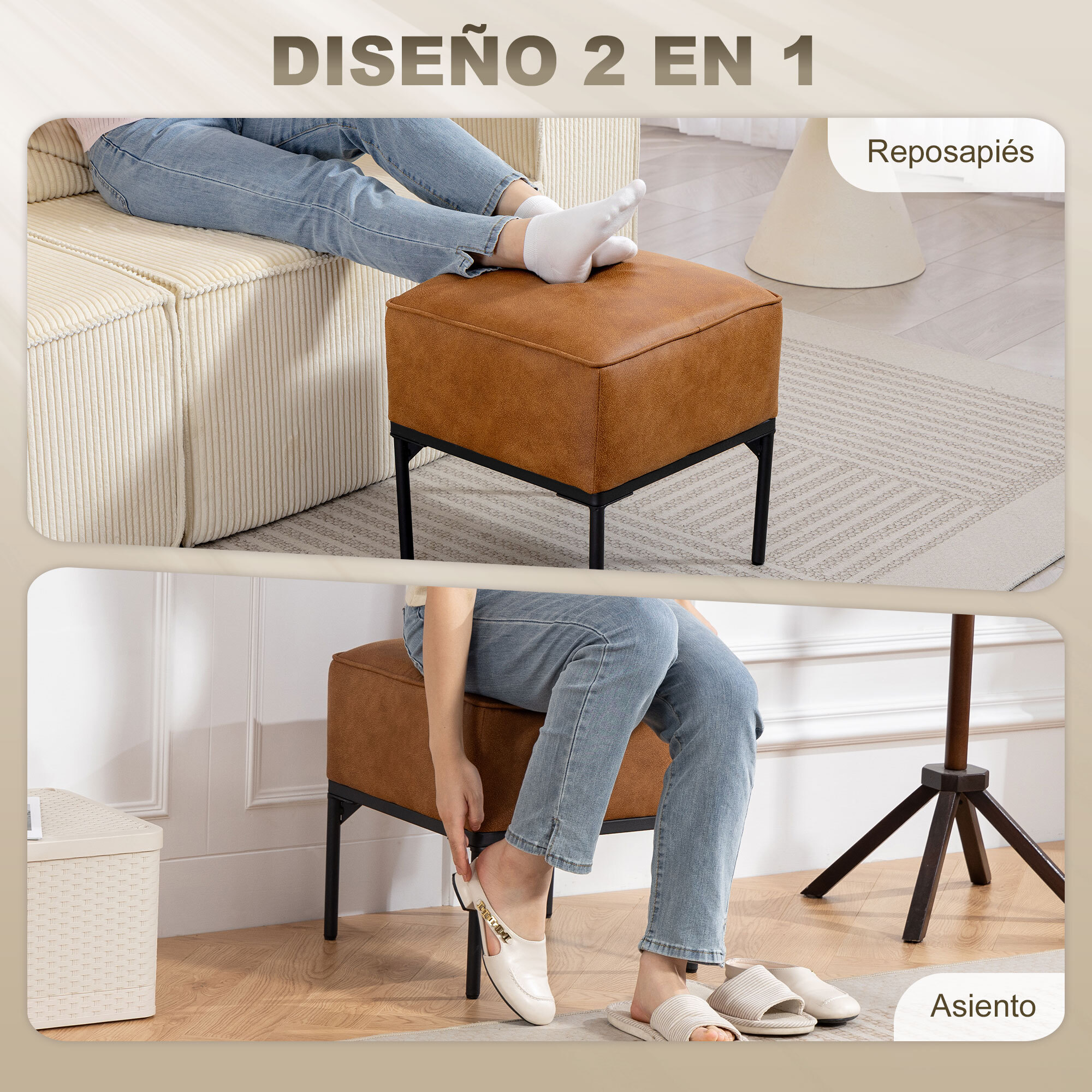 Reposapiés Salón, Taburete Bajo Tapizado en PU con Patas de Acero, Acolchado Grueso, Estilo Moderno, Otomana para Dormitorio, Sofá, Marrón