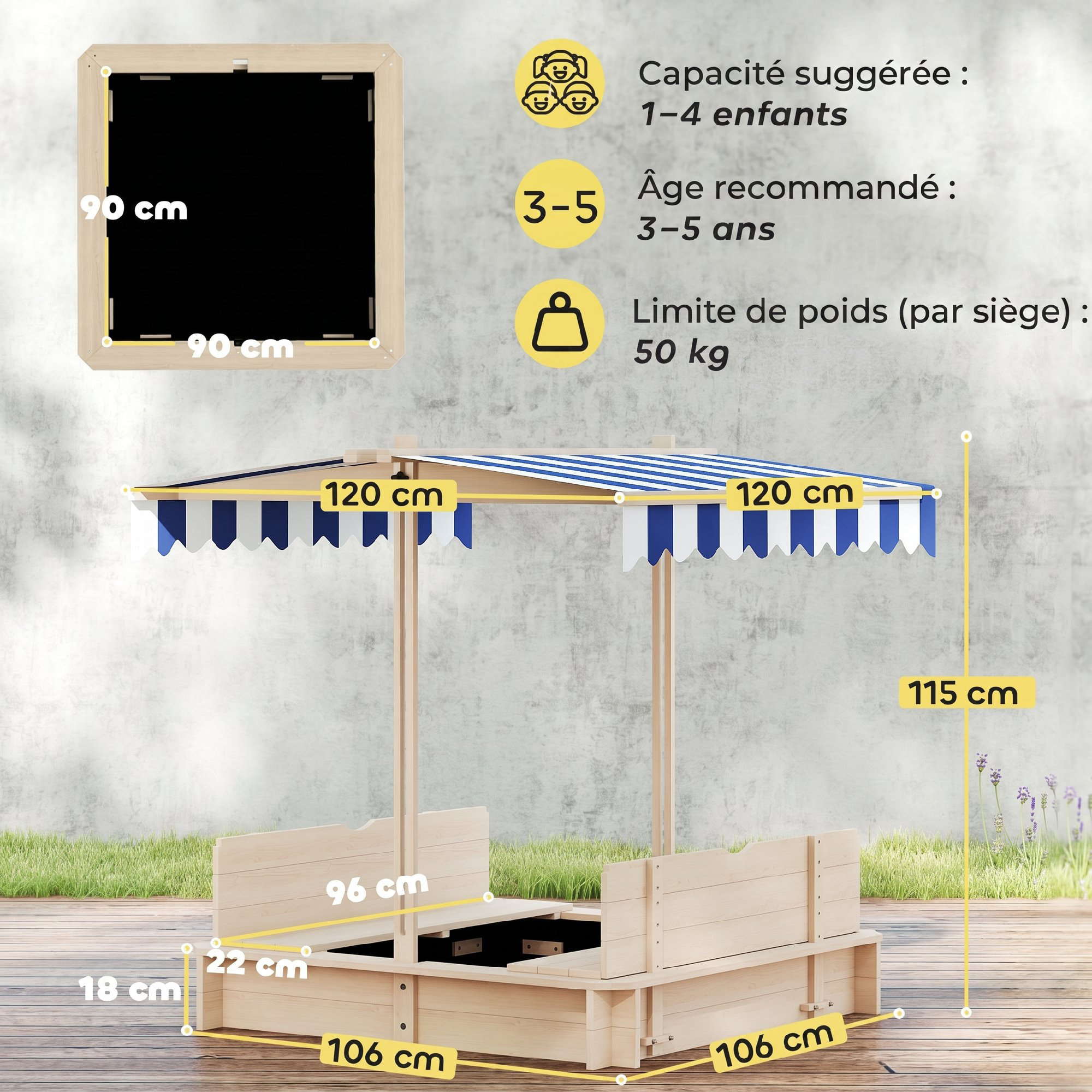 Bac à sable carré en bois pour enfant dim. 106L x 106l cm avec bancs et couvercle - auvent réglable