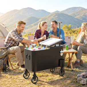 Carrito Nevera de 56L con Ruedas, Carro de Bebidas con Mango Ajustable, Abrebotellas, Recogetapas, Drenaje y Asa, Mesa Nevera Jardín Exterior para Patio, Fiesta, BBQ, 75x35x120 cm, Negro
