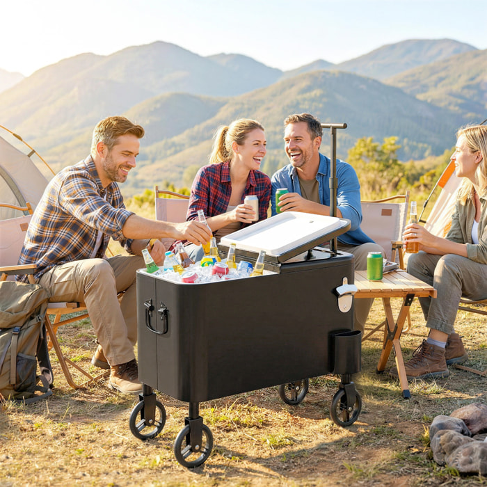 Carrito Nevera de 56L con Ruedas, Carro de Bebidas con Mango Ajustable, Abrebotellas, Recogetapas, Drenaje y Asa, Mesa Nevera Jardín Exterior para Patio, Fiesta, BBQ, 75x35x120 cm, Negro