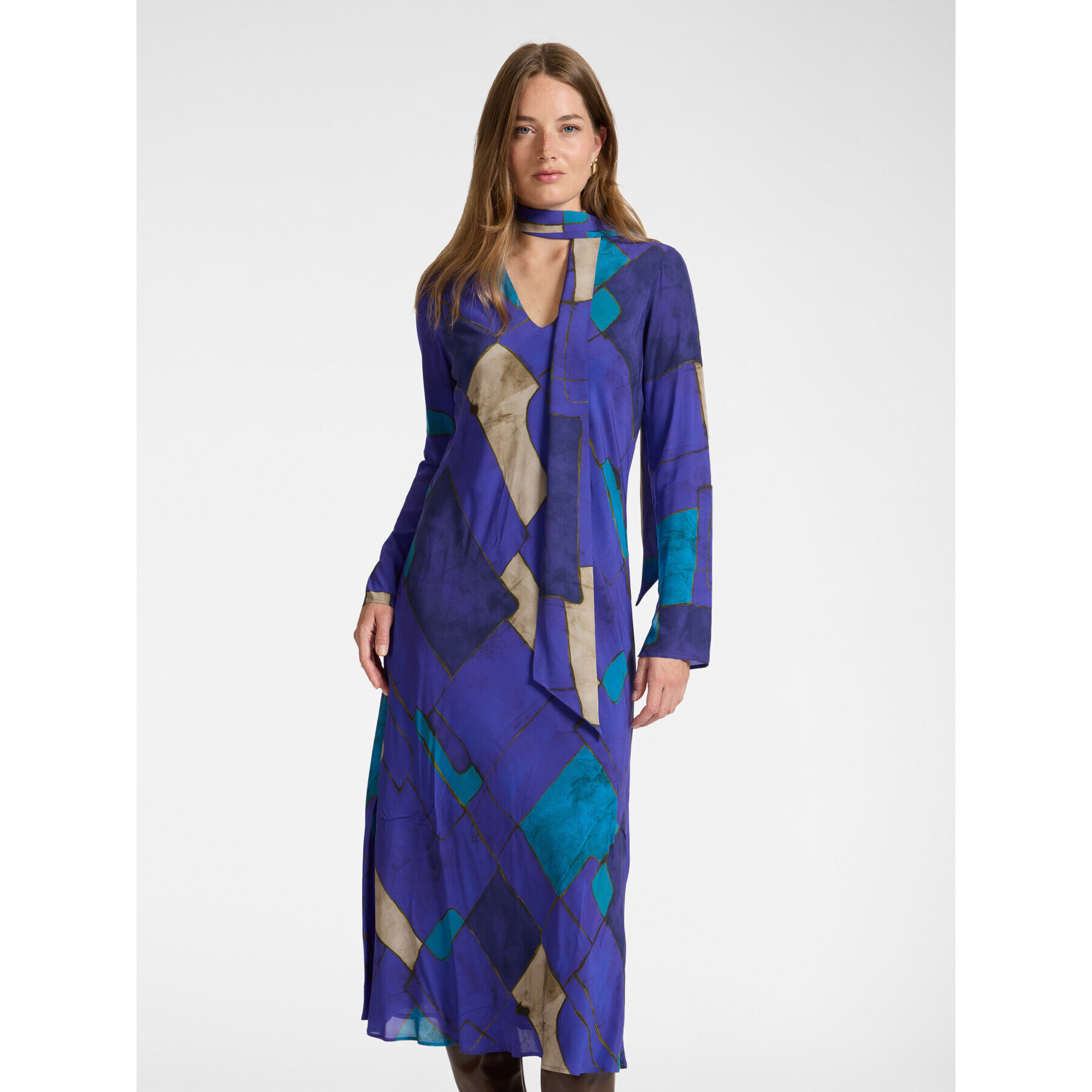 Elena Mirò - Vestido largo de viscosa estampado con lazo - Azul aciano