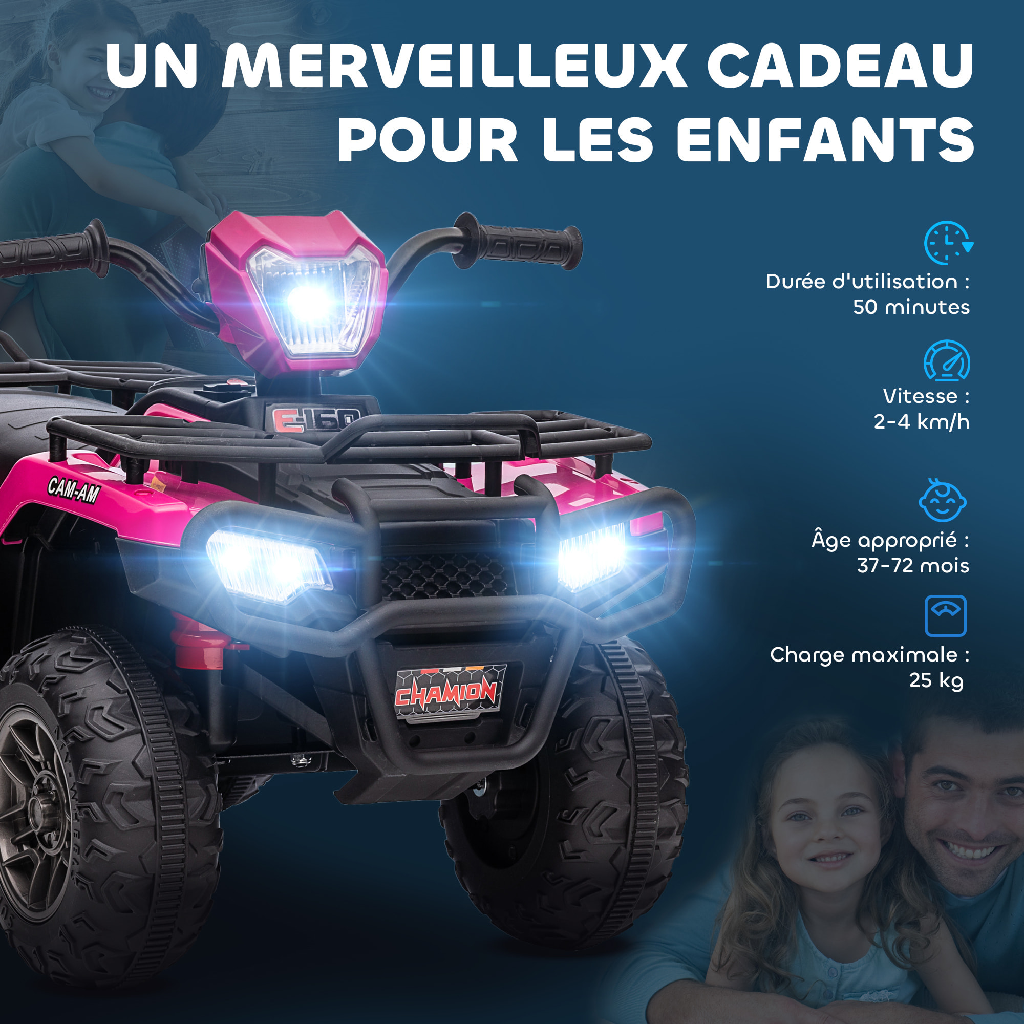 Quad électrique enfant 12V 2 moteurs vitesse 2-4Km/h effets lumineux sonores rose