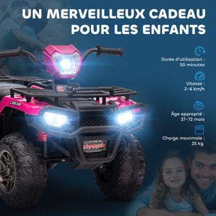 Quad électrique enfant 12V 2 moteurs vitesse 2-4Km/h effets lumineux sonores rose