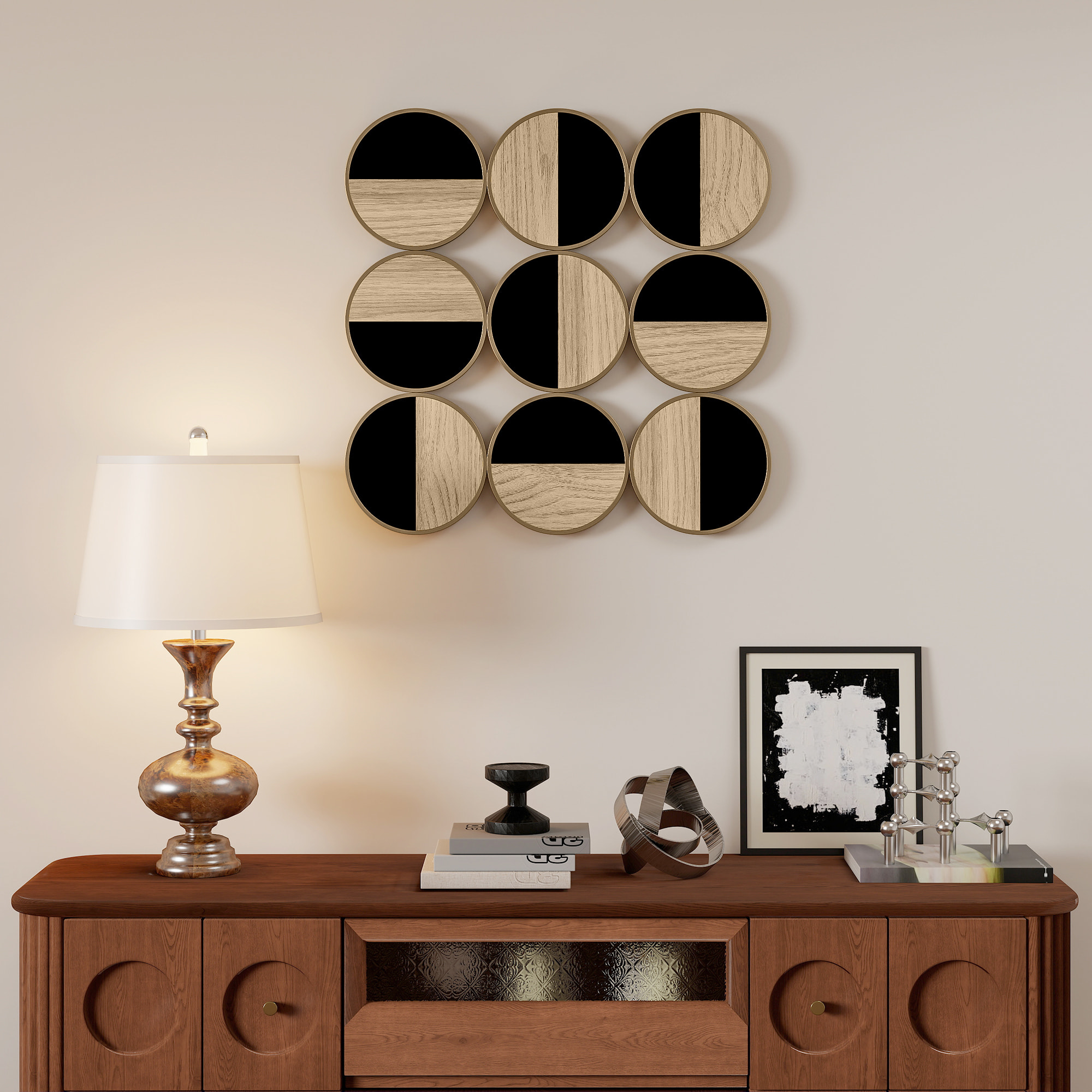 Cuadro Decorativo de Pared Geométrico, Adorno Moderno 3D de 60x60 cm, Escultura de Pared con Espejo de Plástico, Marco Metálico, para Salón, Dormitorio, Pasillo, Negro y Madera Natural