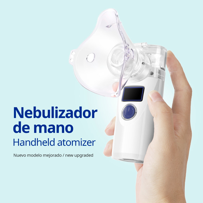 Nebulizador portátil de malla FLK-W301, ideal para el tratamiento de vías respiratorias superiores e inferiores. Incluye mascarillas infantil y adulto.