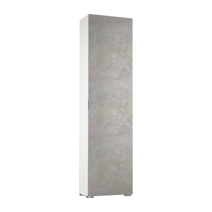 Armadio multiuso Abuela, Mobile lineare a 1 Anta e 7 ripiani, Colonna da ingresso o bagno, Scarpiera moderna, 100% Made in Italy, 50x30h182 cm, Cemento e Bianco