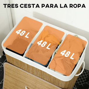 Cesto de Ropa Sucia con Tapa, 144L, Cesta Ropa Sucia de Bambú con 3 Compartimentos, Bolsa Interior Extraíble y Lavable, Asas, para Lavandería, Dormitorio, 60x40x60 cm, Marrón