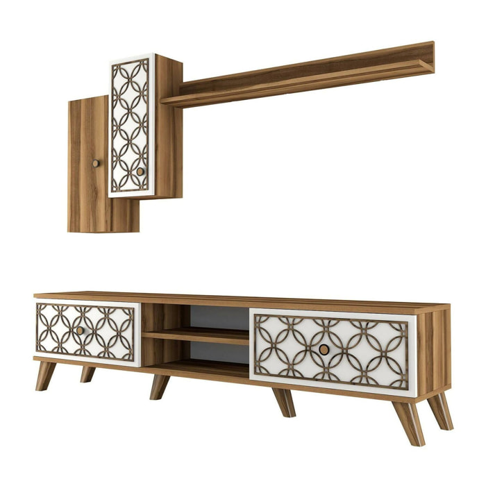 Mobile porta TV Nunzia, Credenza da soggiorno, Armadio basso per TV, Base parete attrezzata, 180x35h44 cm, Noce e Bianco